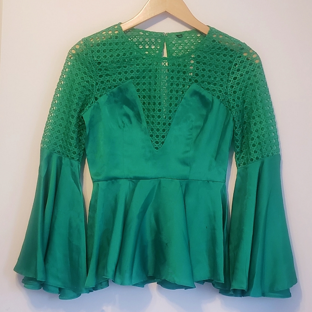 NYC Exclusive Boutique Blouse Satin Lace Peplum Emerald Green Lantern Sleeve S